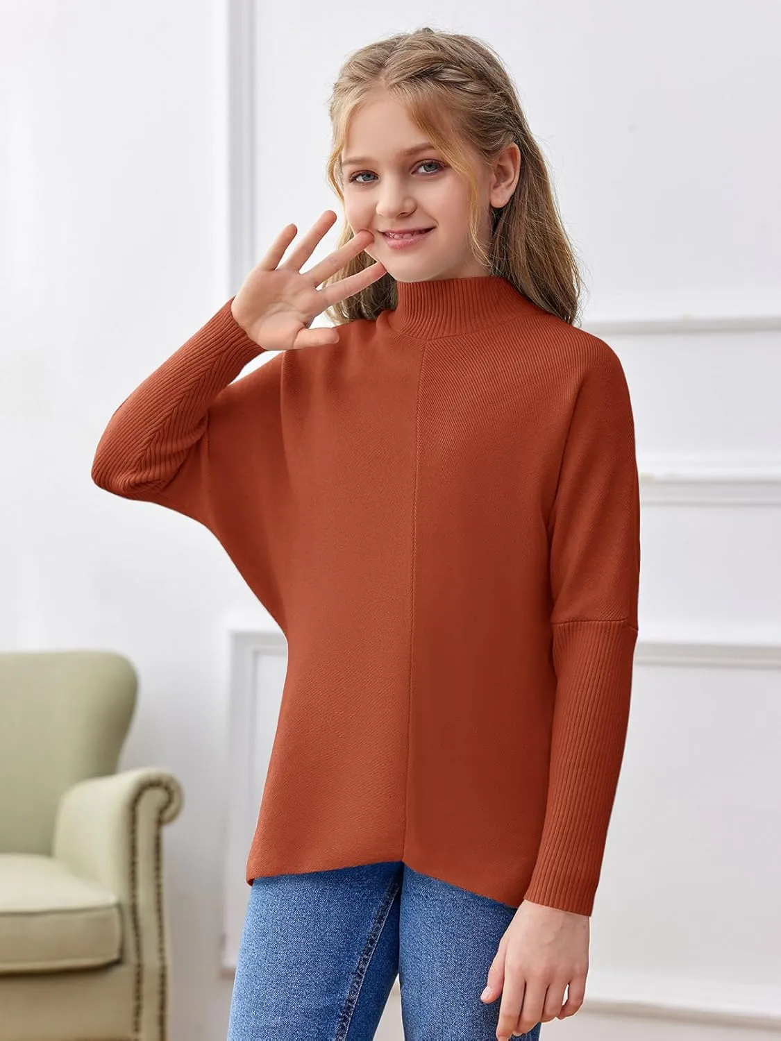 SySea Girls Pullover Sweaters Oversized Long Sleeve Turtleneck Knit Sweater Casual School Tops for 5-14 Years