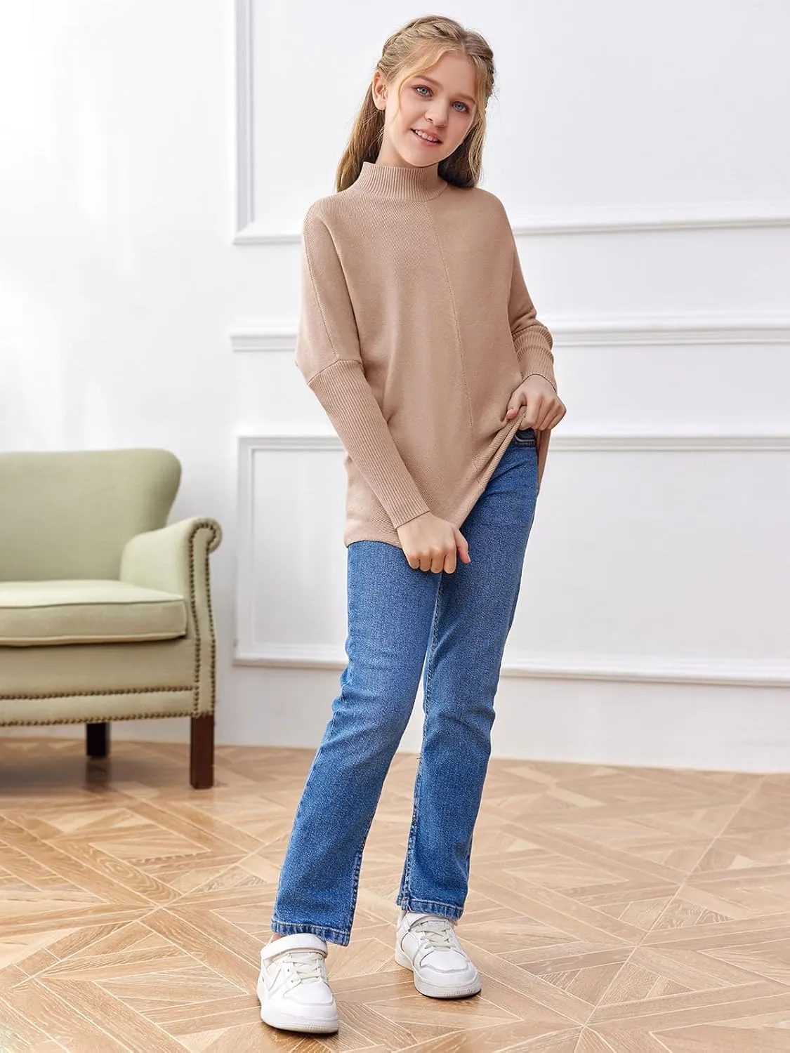 SySea Girls Pullover Sweaters Oversized Long Sleeve Turtleneck Knit Sweater Casual School Tops for 5-14 Years