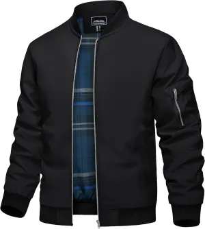 TACVASEN Men's Bomber Jacket Windproof Full Zip Up Windbreaker Plaid Lined Lightweight Casual Spring Fall Coat with 4 Pockets