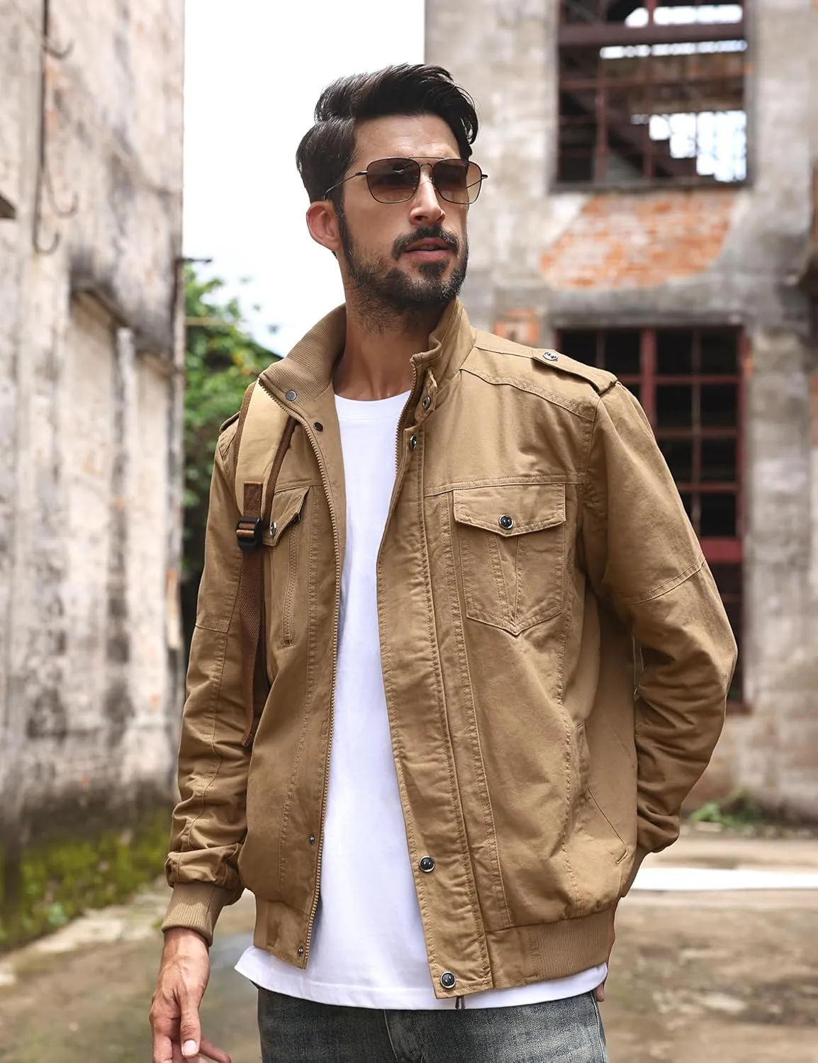 TACVASEN Men's Military Lightweight Jacket Army Cargo Windbreaker Zip Front Stand Collar Cotton Jackets with Multi Pockets