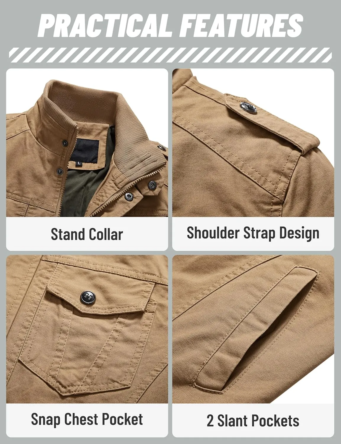 TACVASEN Men's Military Lightweight Jacket Army Cargo Windbreaker Zip Front Stand Collar Cotton Jackets with Multi Pockets