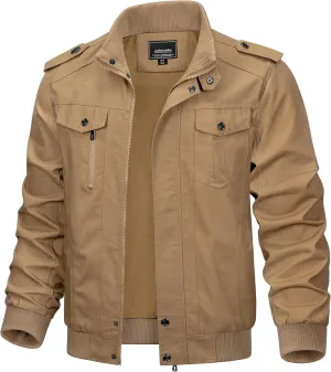 TACVASEN Men's Military Lightweight Jacket Army Cargo Windbreaker Zip Front Stand Collar Cotton Jackets with Multi Pockets