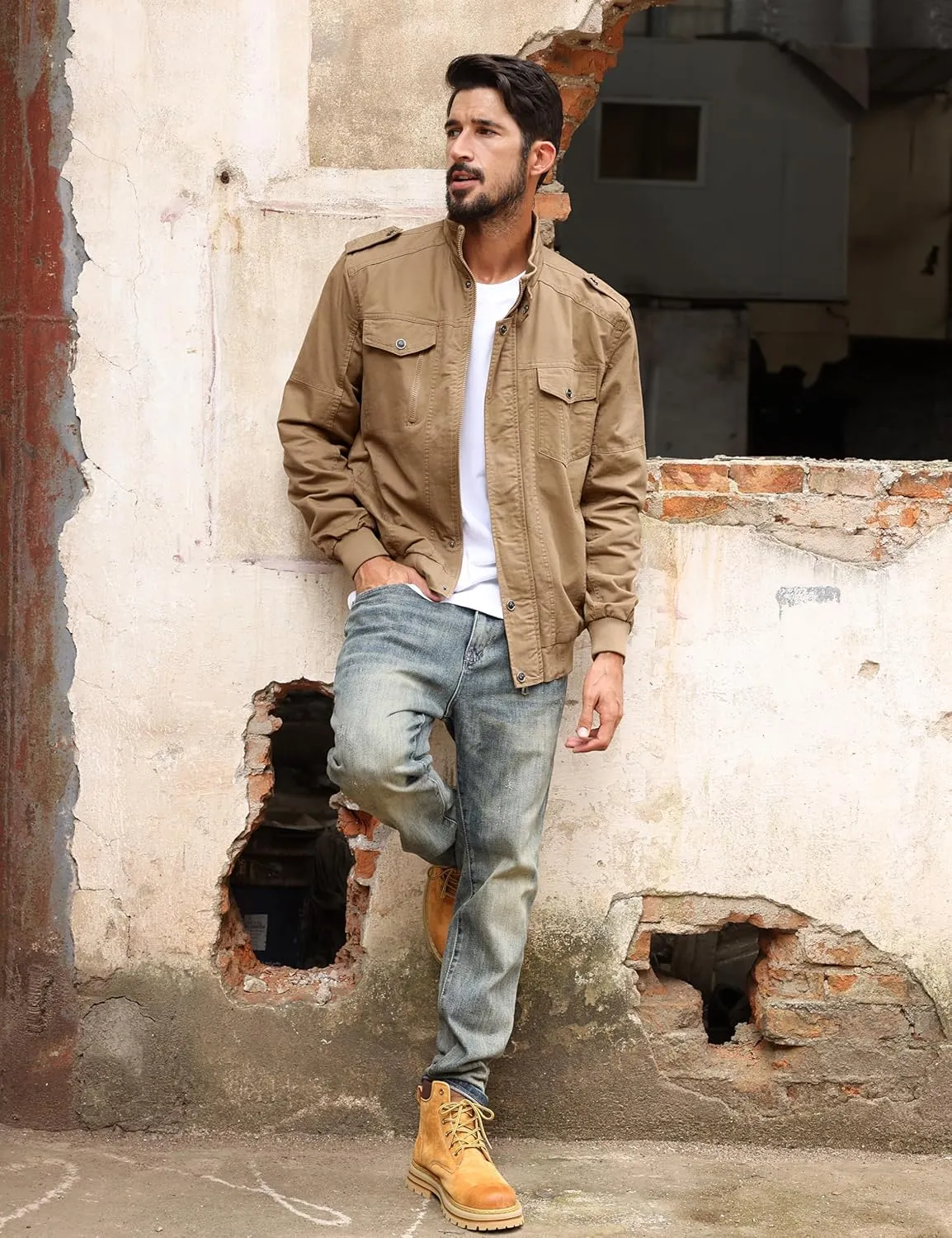TACVASEN Men's Military Lightweight Jacket Army Cargo Windbreaker Zip Front Stand Collar Cotton Jackets with Multi Pockets