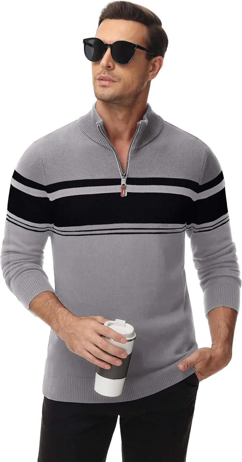 TACVASEN Mens Sweater Quarter Zip Pullover Cotton Long Sleeve Sweaters Striped Causal Pullovers Fall Winter Sweatshirt