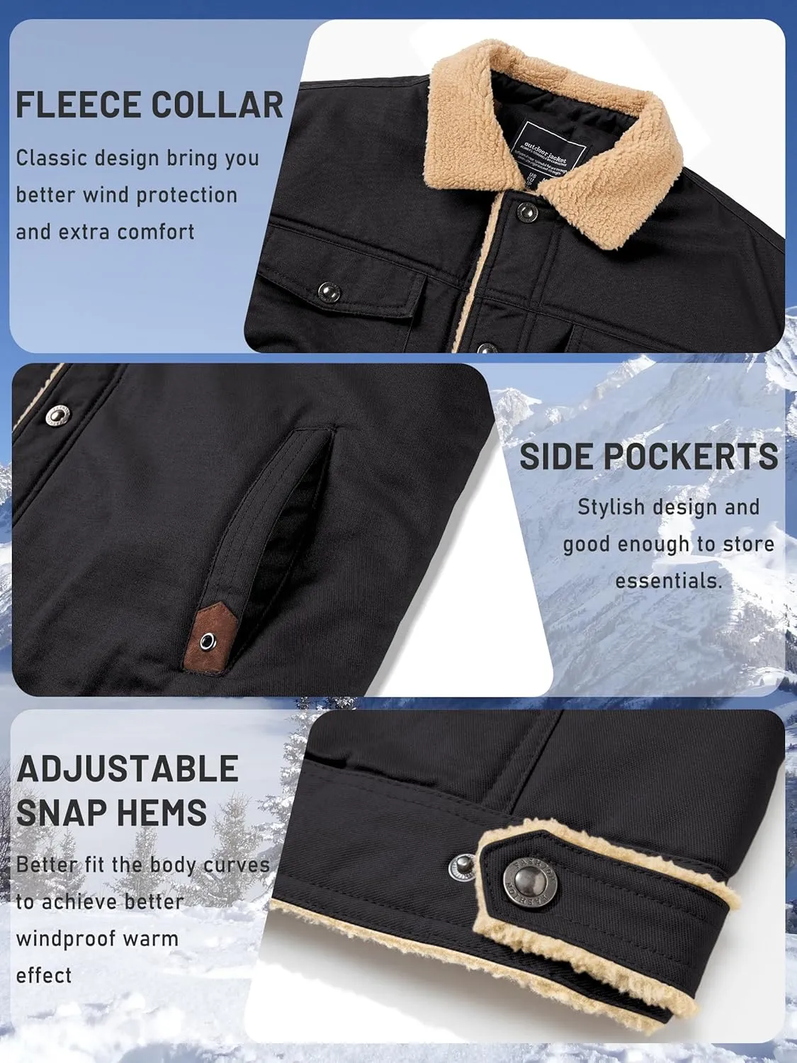TACVASEN Men's Winter Jacket Sherpa Fleece Lined Cargo Coat Warm Thick Trucker Jacket with Multi Pockets