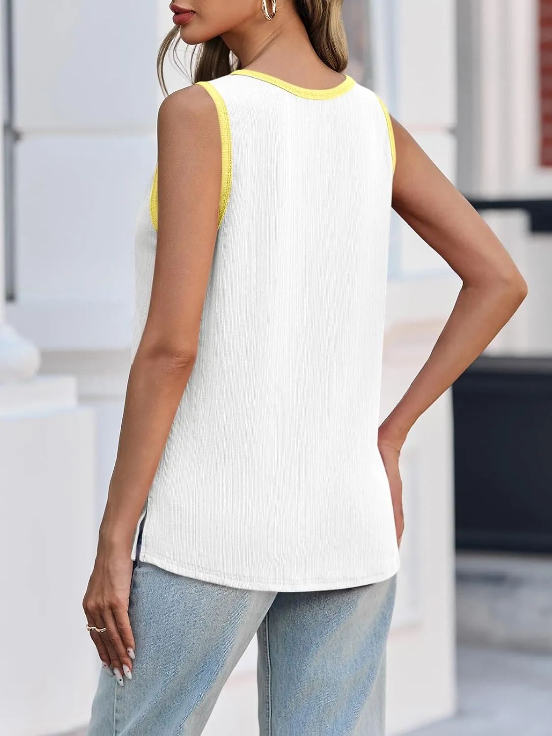 Tankaneo Womens Summer Color Block Tank Tops Casual Scoop Neck Sleeveless Shirt Loose Fit Ribbed Knit Basic Tee