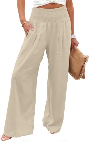 TARIENDY Womens High Waisted Pants Wide Leg Loose Palazzo Pants Elastic Beach Casual Pants Summer Trousers with Pockets