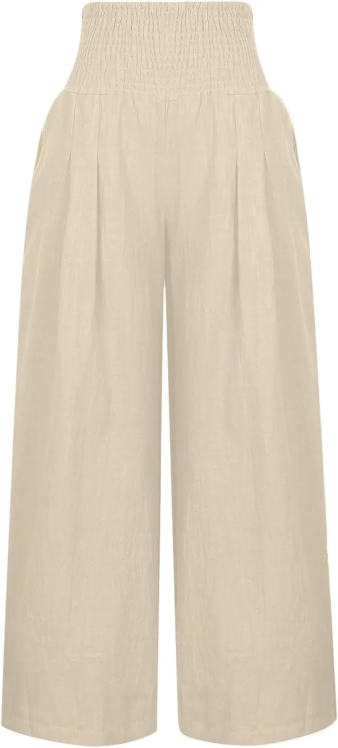 TARIENDY Womens High Waisted Pants Wide Leg Loose Palazzo Pants Elastic Beach Casual Pants Summer Trousers with Pockets