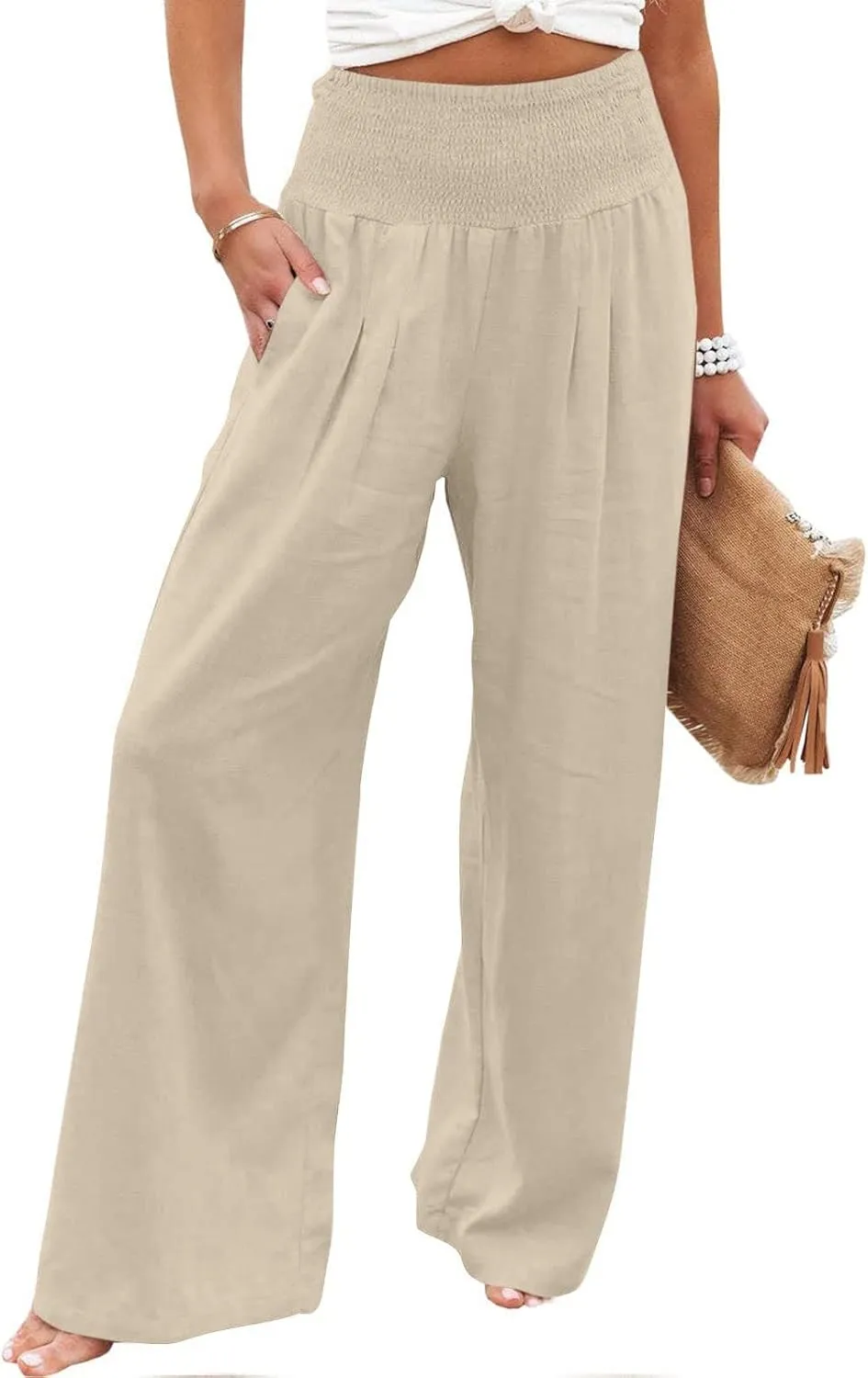 TARIENDY Womens High Waisted Pants Wide Leg Loose Palazzo Pants Elastic Beach Casual Pants Summer Trousers with Pockets