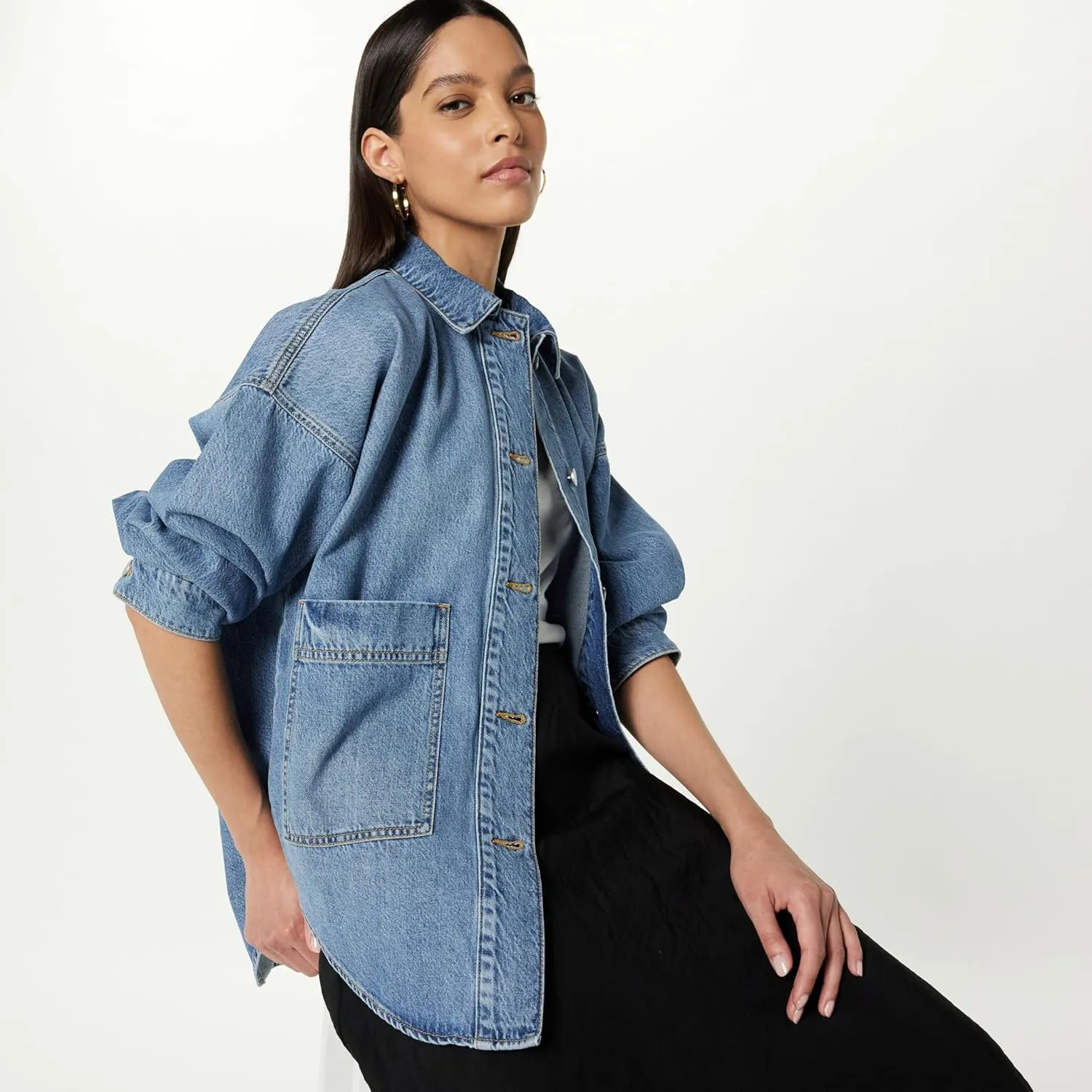 The Drop Women's Pilar Long Denim Shirt Jacket