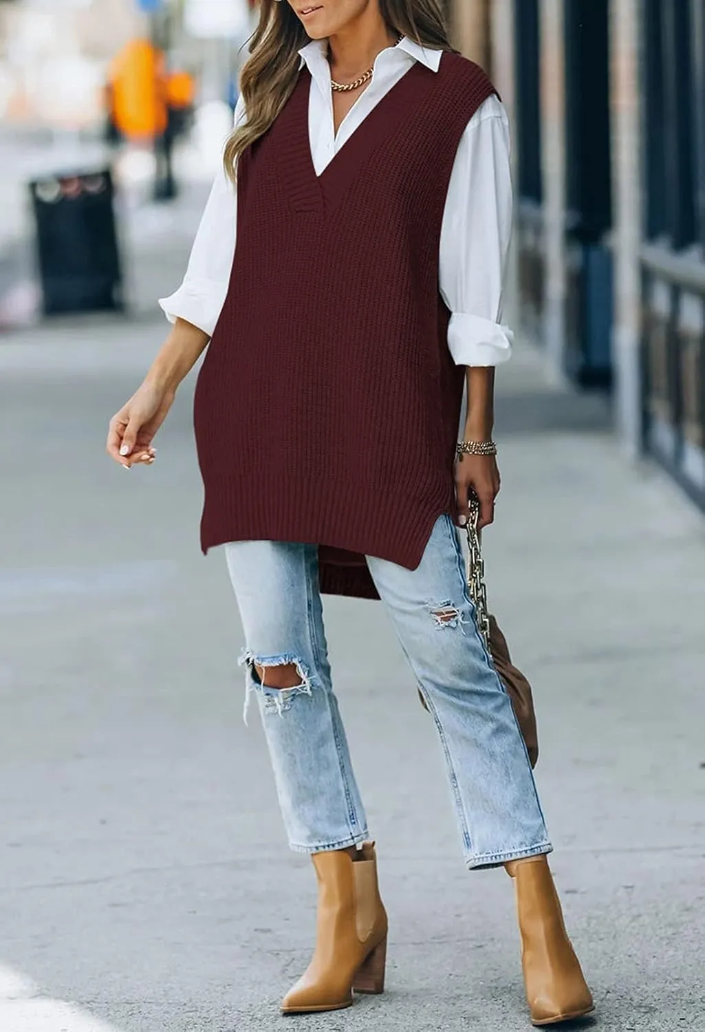 TOLENY Women V Neck Sweater Vest Tops Oversized Sleeveless Tunic Pullover Knitted Tops