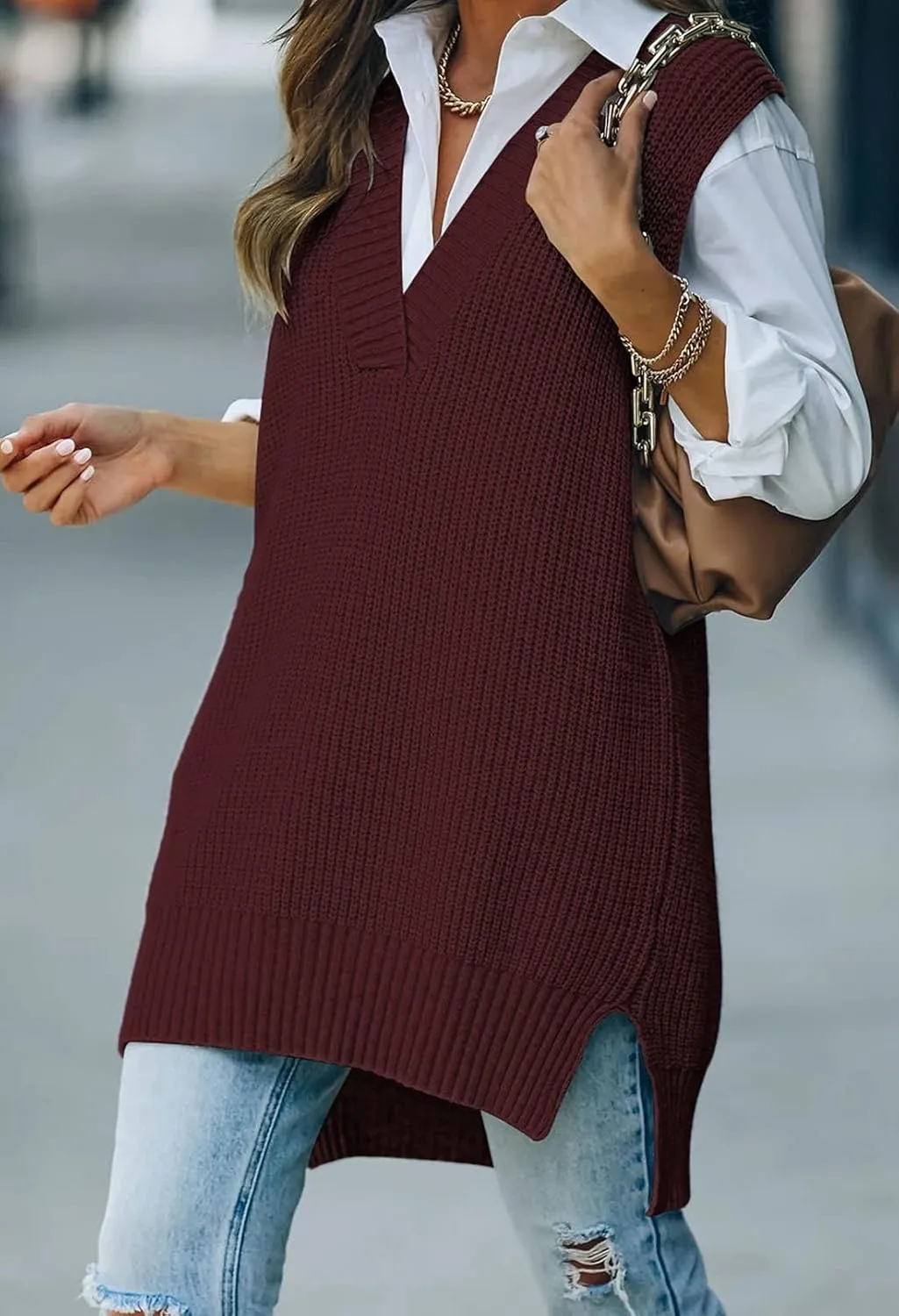 TOLENY Women V Neck Sweater Vest Tops Oversized Sleeveless Tunic Pullover Knitted Tops