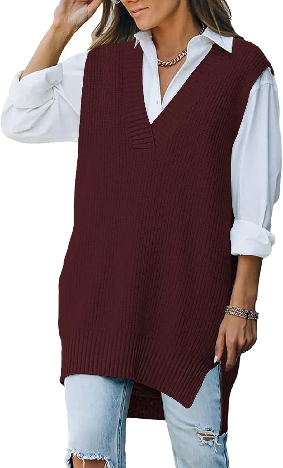 TOLENY Women V Neck Sweater Vest Tops Oversized Sleeveless Tunic Pullover Knitted Tops