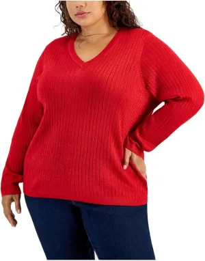 Tommy Hilfiger Womens Ribbed Metallic Threaded Pullover Sweater