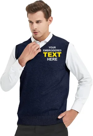 TopTie Embroidery Men's V-Neck 100% Cotton Sweater Vest Custom Solid Pullover Personalize Logo