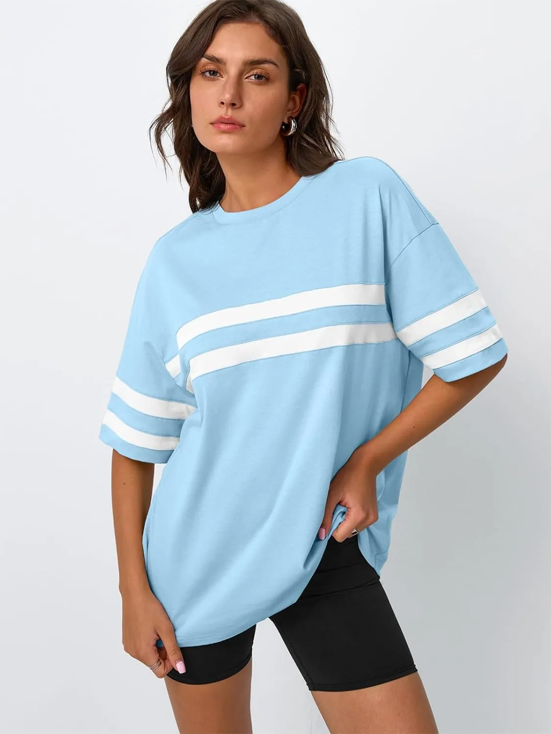 Trendy Queen Womens Oversized Tee Shirts Loose Fit Tops Round Neck Color Block Half Sleeve Casual Summer Clothes 2025