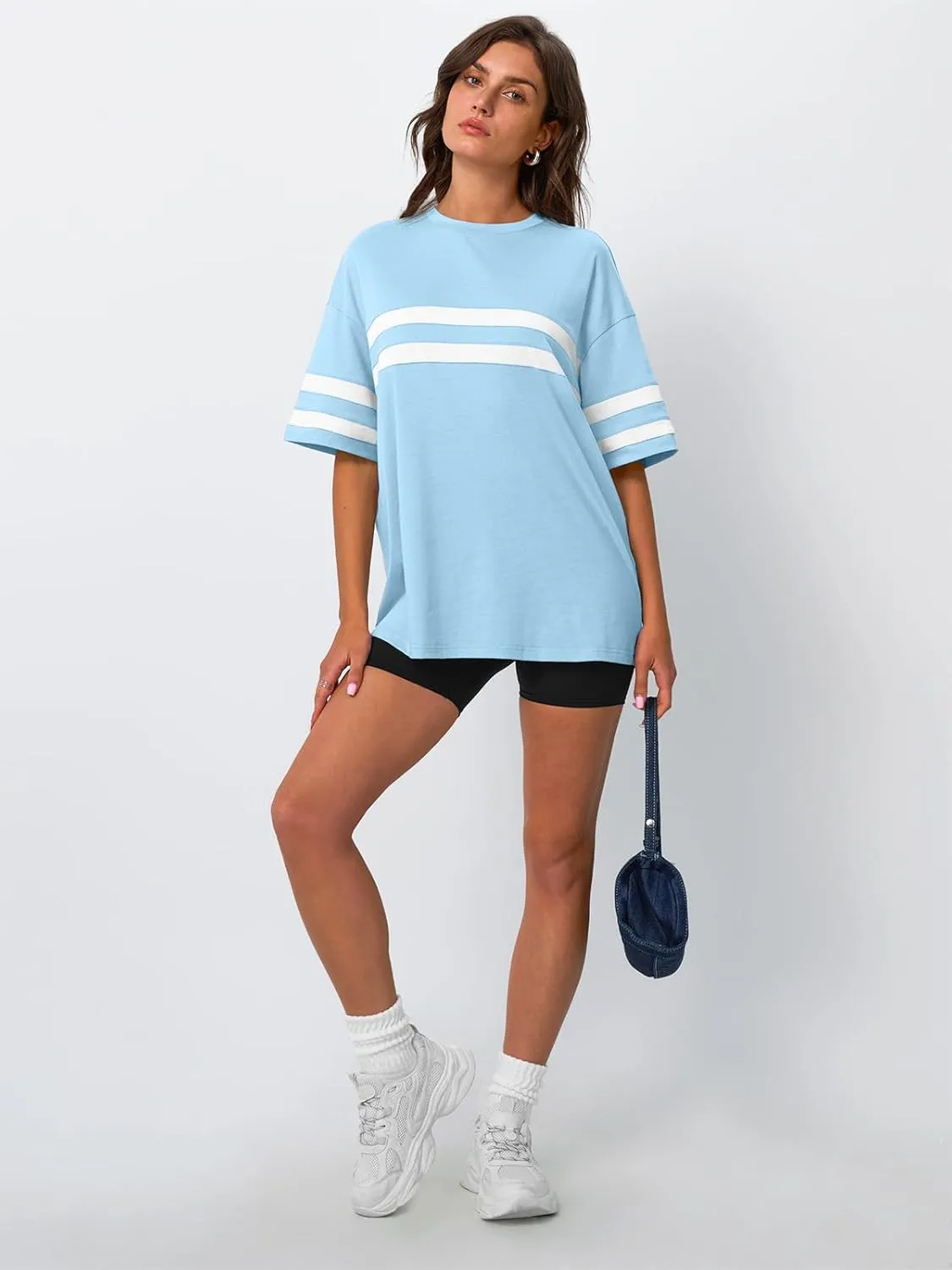 Trendy Queen Womens Oversized Tee Shirts Loose Fit Tops Round Neck Color Block Half Sleeve Casual Summer Clothes 2025