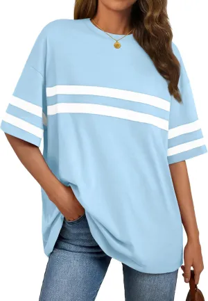 Trendy Queen Womens Oversized Tee Shirts Loose Fit Tops Round Neck Color Block Half Sleeve Casual Summer Clothes 2025
