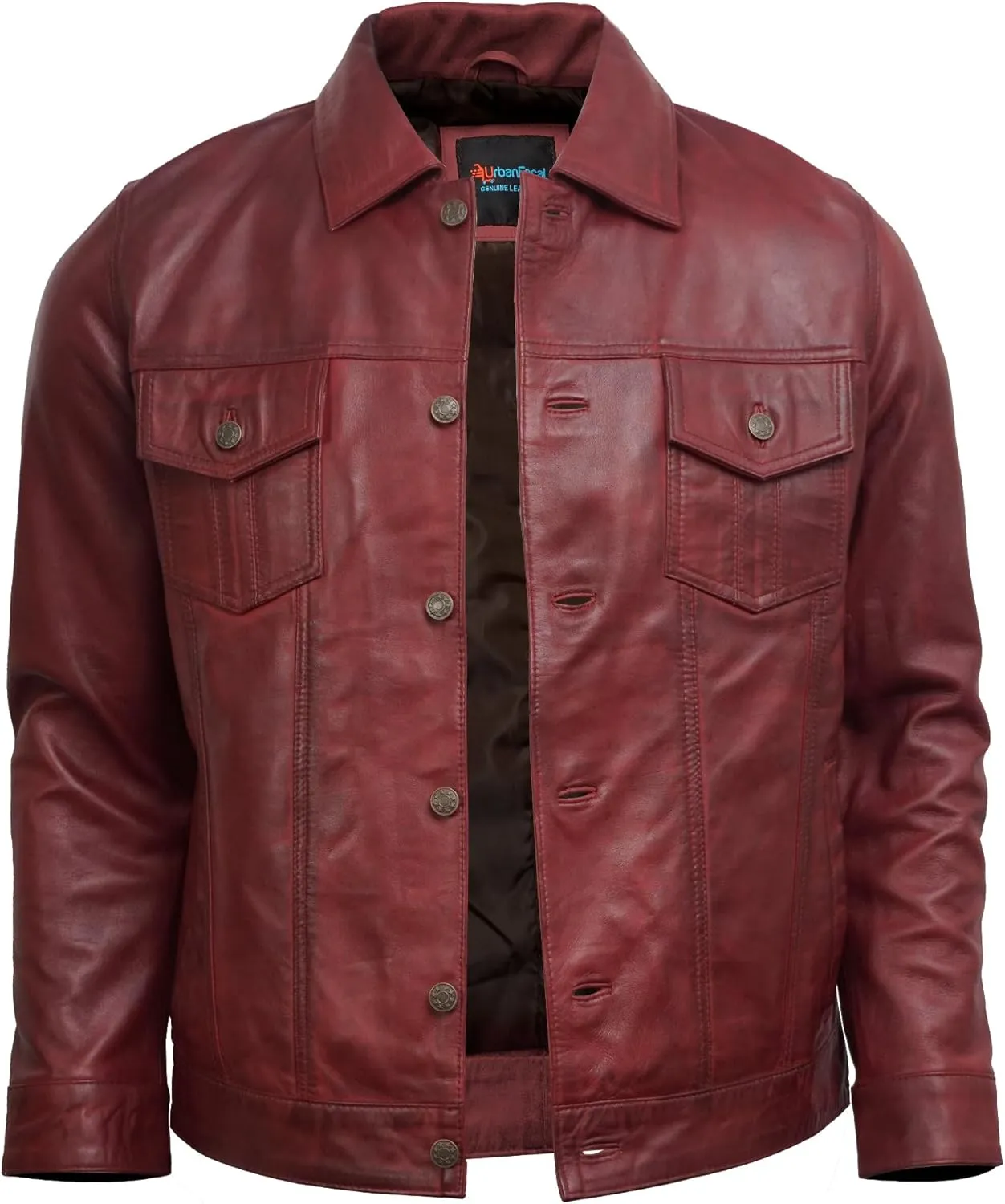 Trucker Style Casual Vintage Leather Jacket Men - Classic Button Down Real Lambskin Jackets For Mens With Pockets
