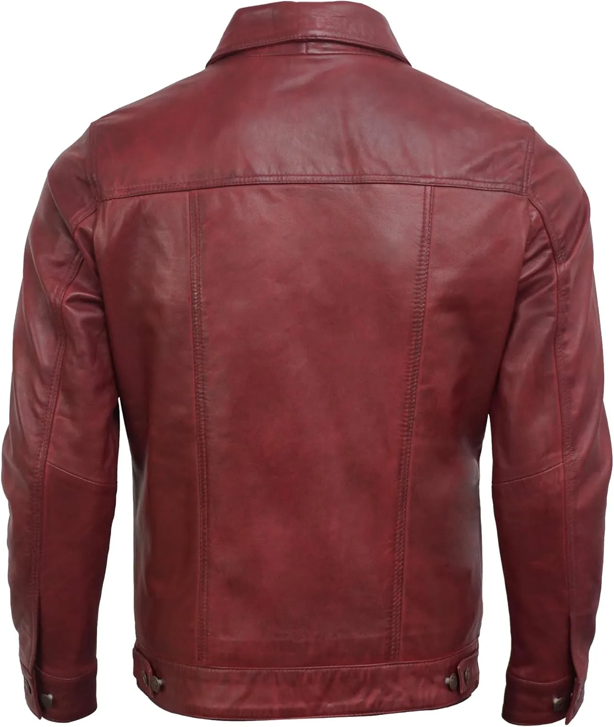 Trucker Style Casual Vintage Leather Jacket Men - Classic Button Down Real Lambskin Jackets For Mens With Pockets