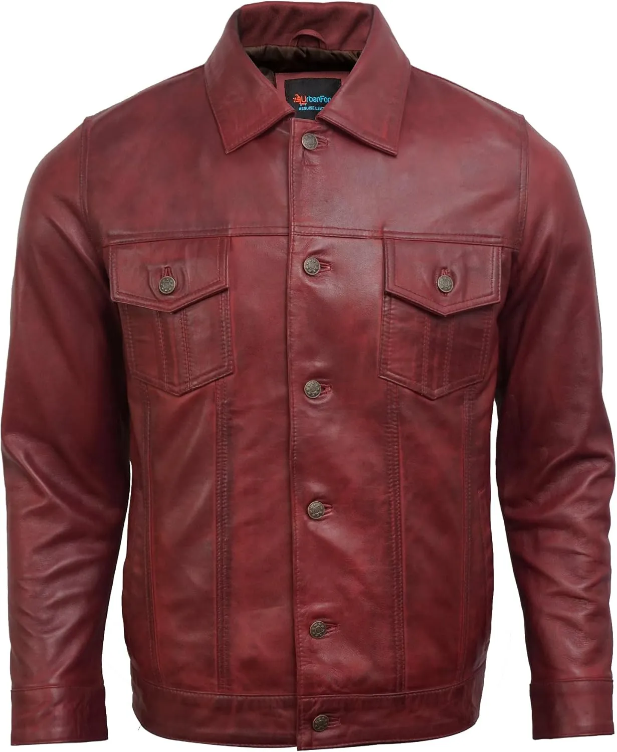 Trucker Style Casual Vintage Leather Jacket Men - Classic Button Down Real Lambskin Jackets For Mens With Pockets