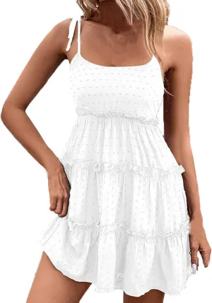 TUNUSKAT Womens 2024 Summer Mini Dress Flowy Adjustable Spaghetti Straps Dresses Short Sleeveless Ruffle Tiered Camis Dress