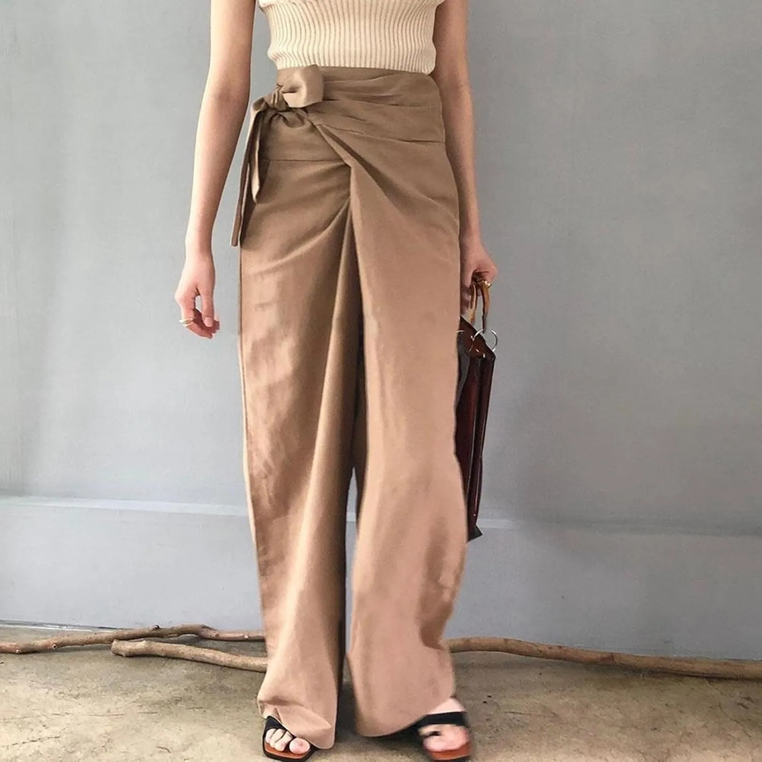 Uillui Dressy Casual Work Pants for Women Fashion Wrap High Waist Lace-Up Slacks Straight Leg Wide Leg Cotton Linen Trousers