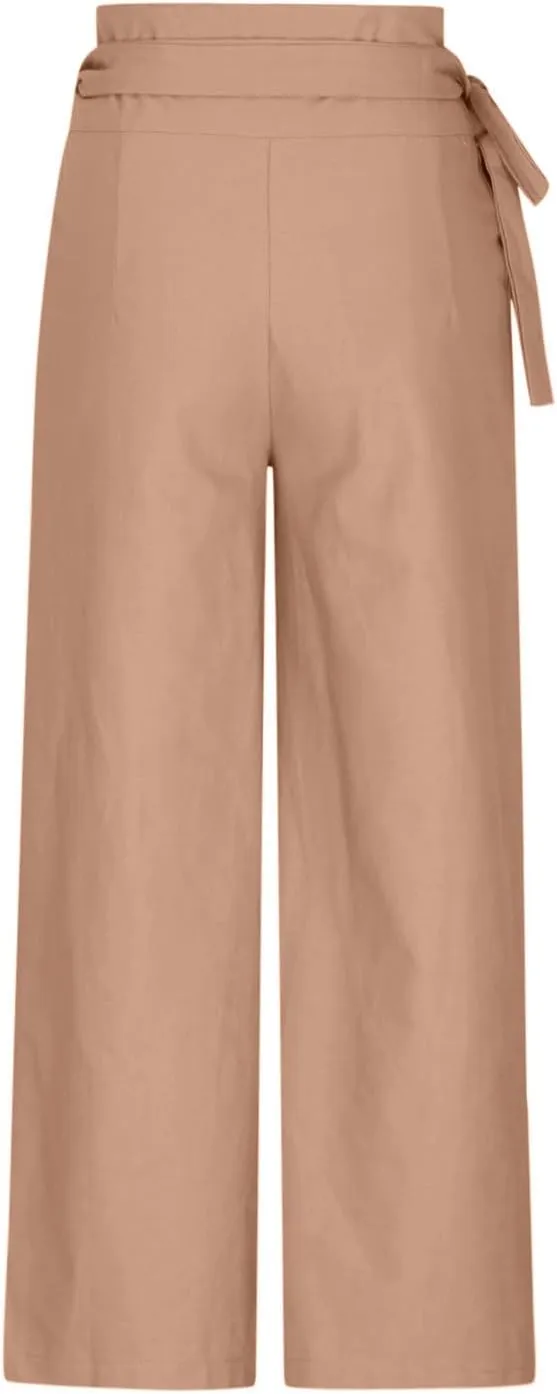 Uillui Dressy Casual Work Pants for Women Fashion Wrap High Waist Lace-Up Slacks Straight Leg Wide Leg Cotton Linen Trousers