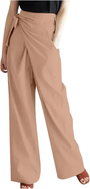 Uillui Dressy Casual Work Pants for Women Fashion Wrap High Waist Lace-Up Slacks Straight Leg Wide Leg Cotton Linen Trousers