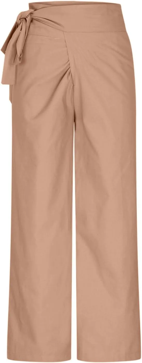 Uillui Dressy Casual Work Pants for Women Fashion Wrap High Waist Lace-Up Slacks Straight Leg Wide Leg Cotton Linen Trousers