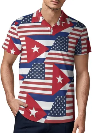 U.S. Cuba Flag Men's Polo Shirt Short Sleeve Casual Athletic Quick Dry Golf T-Shirts