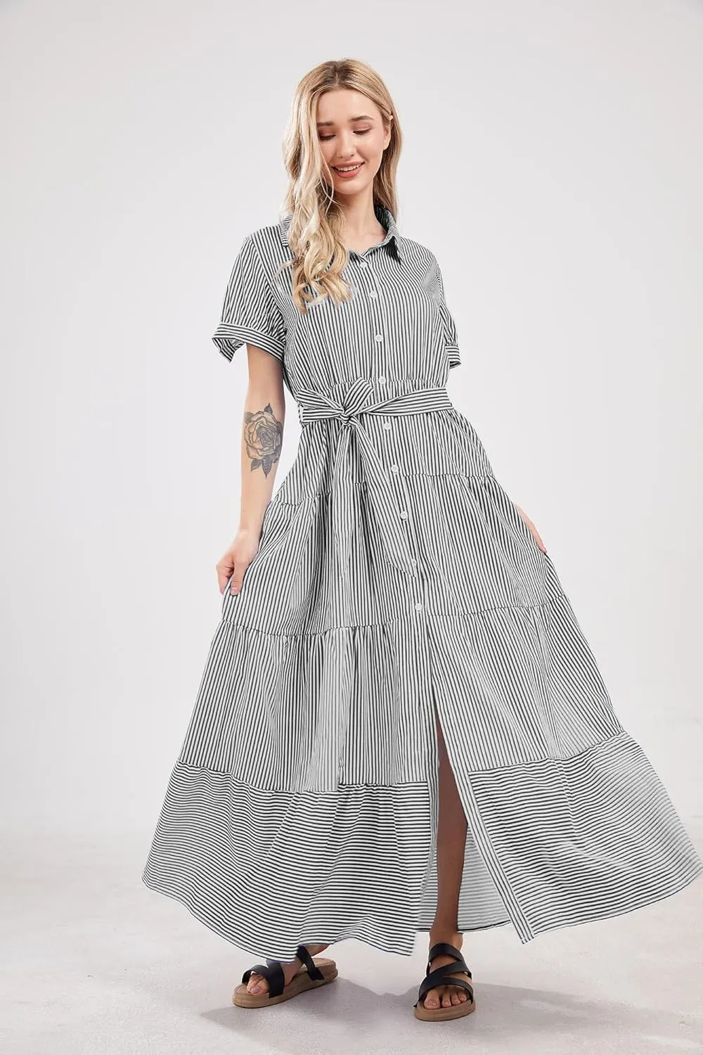 utcoco Womens Casual Short Sleeve Button Down Tie Waist Ruffled Striped Maxi Shirt Dress