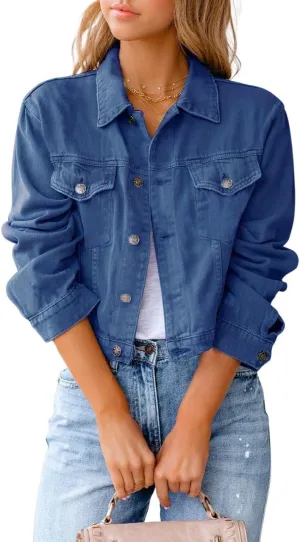 utcoco Women's Cropped Jean Jacket Long Sleeve Casual Button Down Denim Jacket