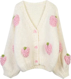 V Neck Sweaters for Women Cute Strawberry Button Loose Cardigan Sweater Open Front Cable Cropped Knit Top