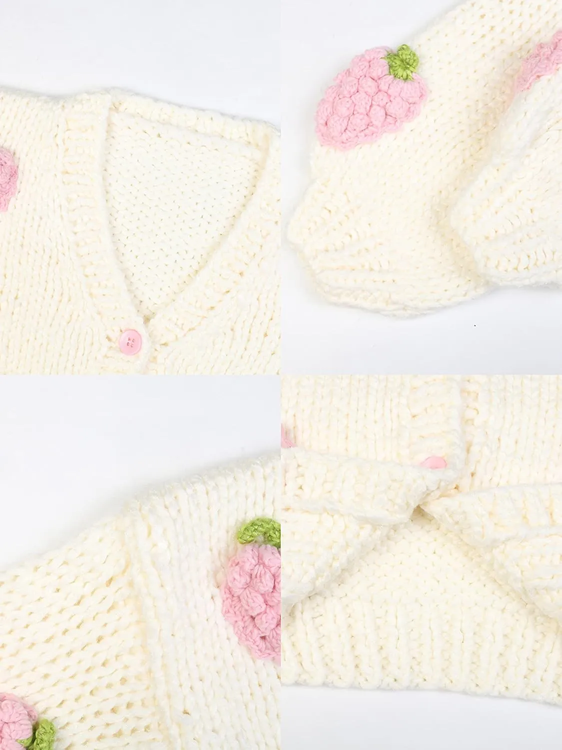 V Neck Sweaters for Women Cute Strawberry Button Loose Cardigan Sweater Open Front Cable Cropped Knit Top