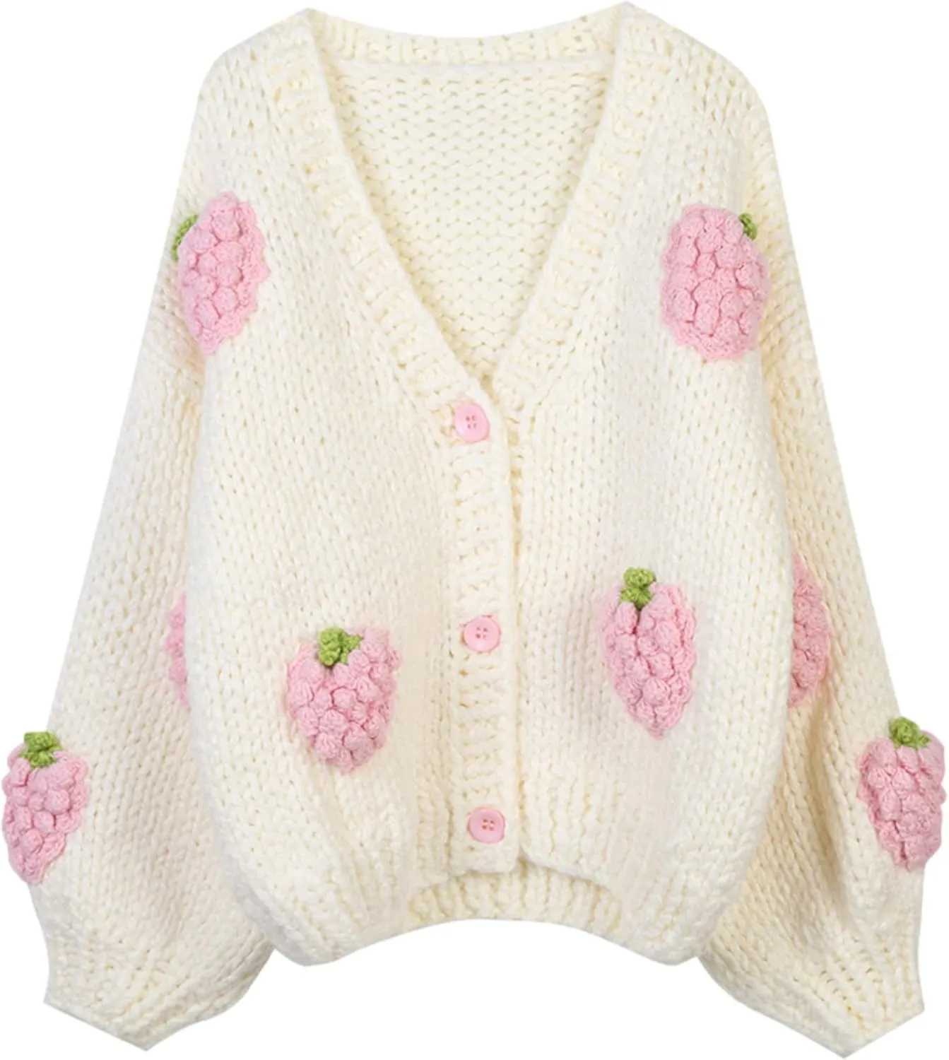 V Neck Sweaters for Women Cute Strawberry Button Loose Cardigan Sweater Open Front Cable Cropped Knit Top
