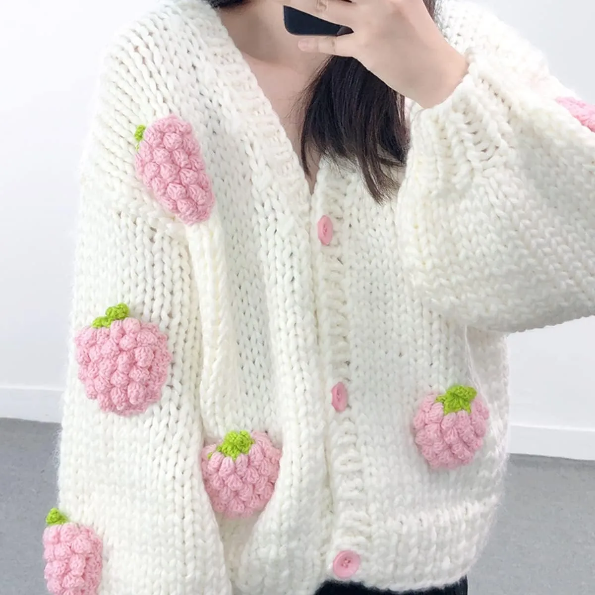 V Neck Sweaters for Women Cute Strawberry Button Loose Cardigan Sweater Open Front Cable Cropped Knit Top