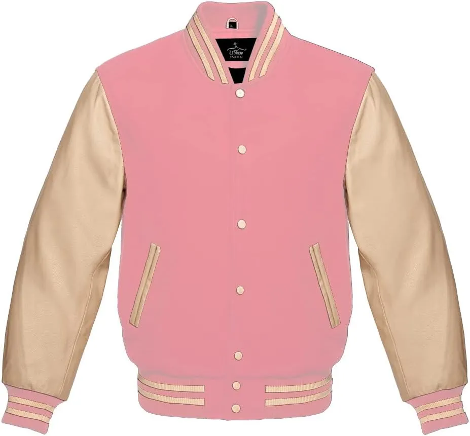Varsity Jacket Baseball Letterman Bomber Wool & Cream Genuine leather sleeves