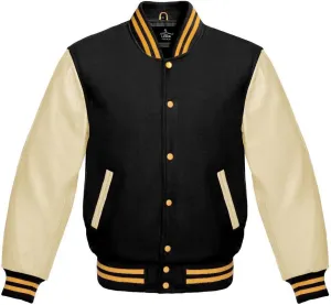 Varsity Jacket Baseball Letterman Bomber Wool & Light Cream Genuine leather Sleeves With Yellow Gold Stripe