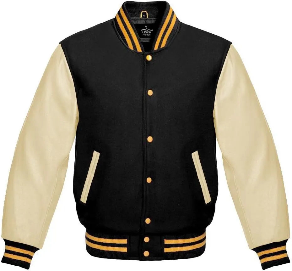 Varsity Jacket Baseball Letterman Bomber Wool & Light Cream Genuine leather Sleeves With Yellow Gold Stripe
