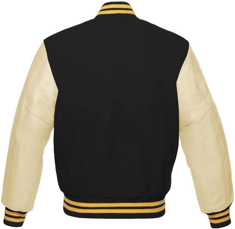 Varsity Jacket Baseball Letterman Bomber Wool & Light Cream Genuine leather Sleeves With Yellow Gold Stripe