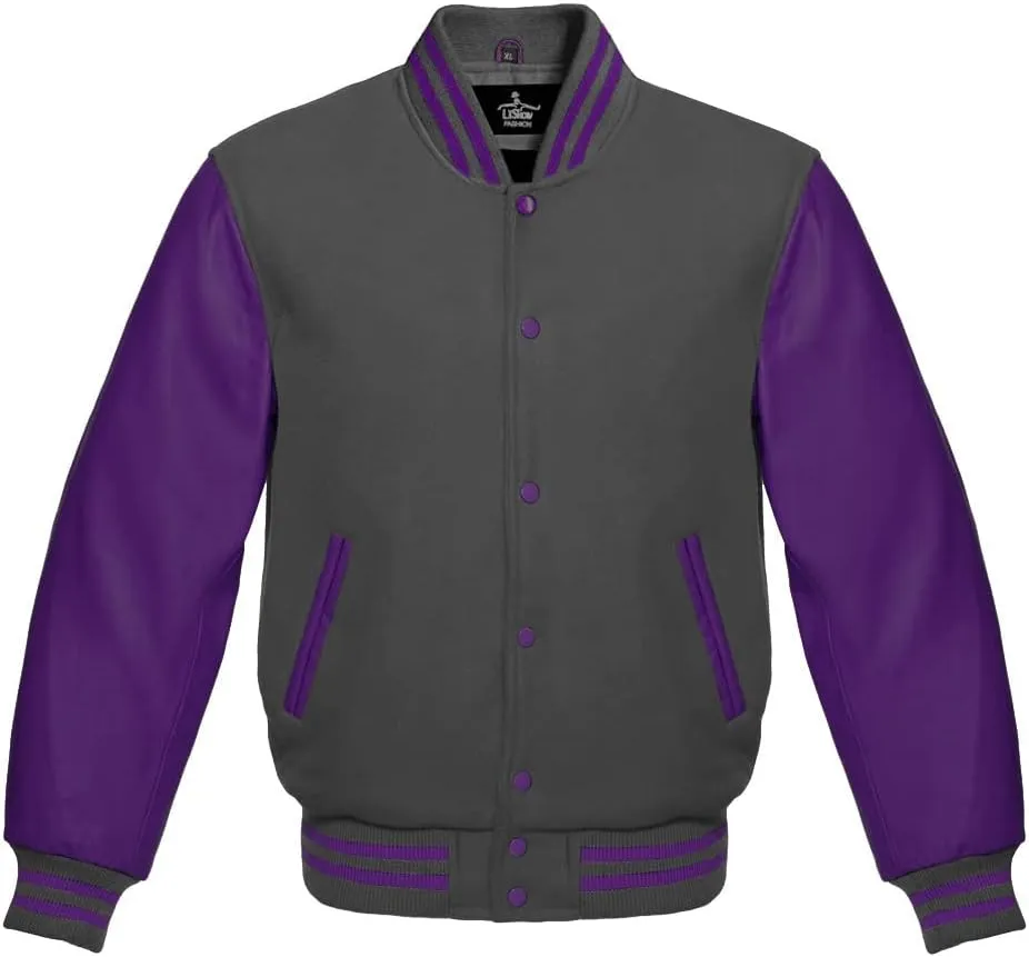 Varsity Jacket Baseball Letterman Bomber Wool & Purple Genuine leather sleeves