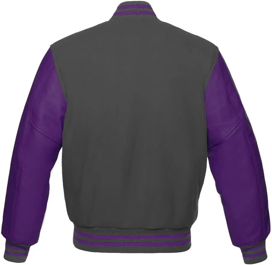 Varsity Jacket Baseball Letterman Bomber Wool & Purple Genuine leather sleeves