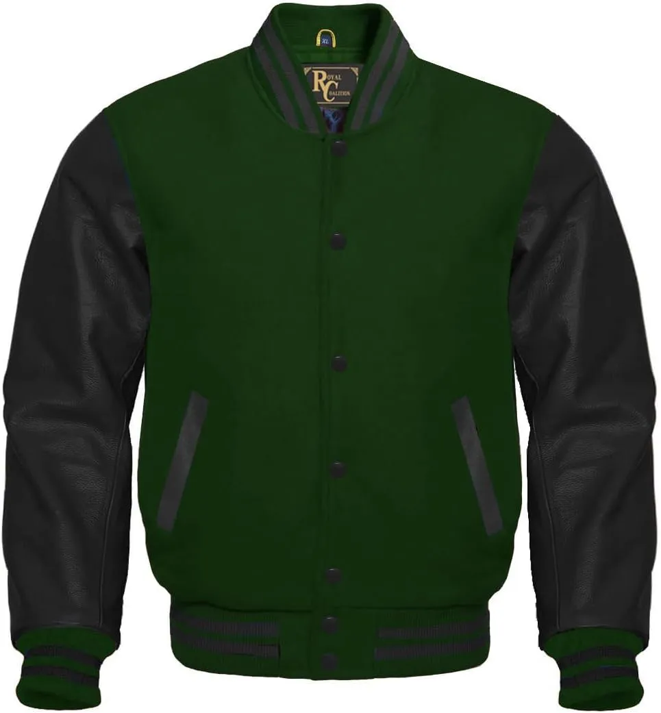 Varsity Letterman Wool & Black Genuine Leather Sleeves Bomber Style Baseball Jacket