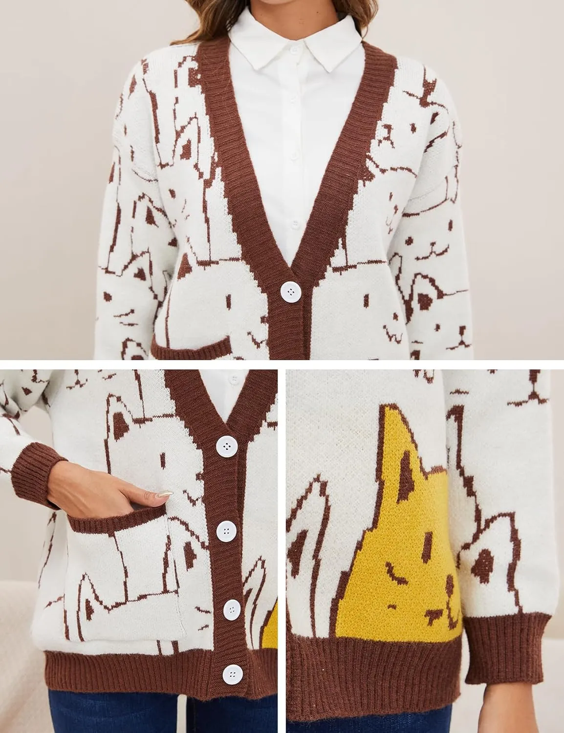 VDWIP Women Cardigan Sweater Cartoon V Neck Button Down Open Front Cat Print Knit Cardigan Vintage Sweater Outwear
