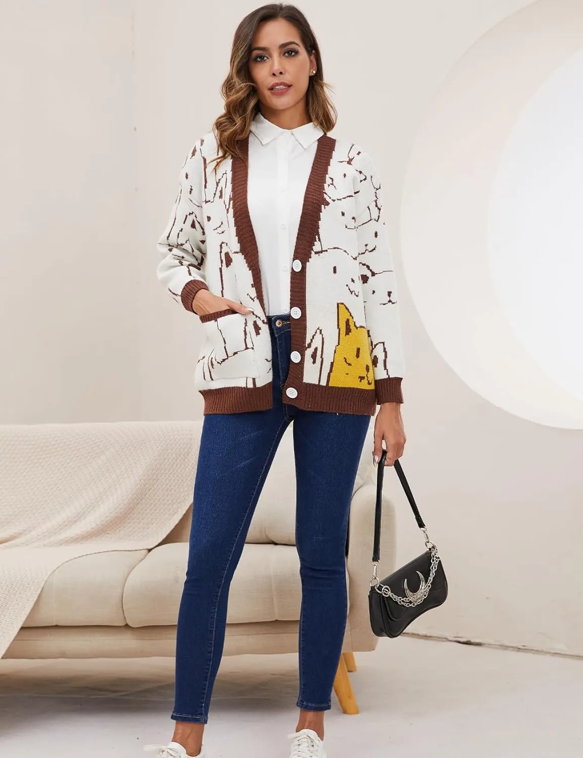 VDWIP Women Cardigan Sweater Cartoon V Neck Button Down Open Front Cat Print Knit Cardigan Vintage Sweater Outwear