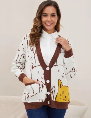 VDWIP Women Cardigan Sweater Cartoon V Neck Button Down Open Front Cat Print Knit Cardigan Vintage Sweater Outwear
