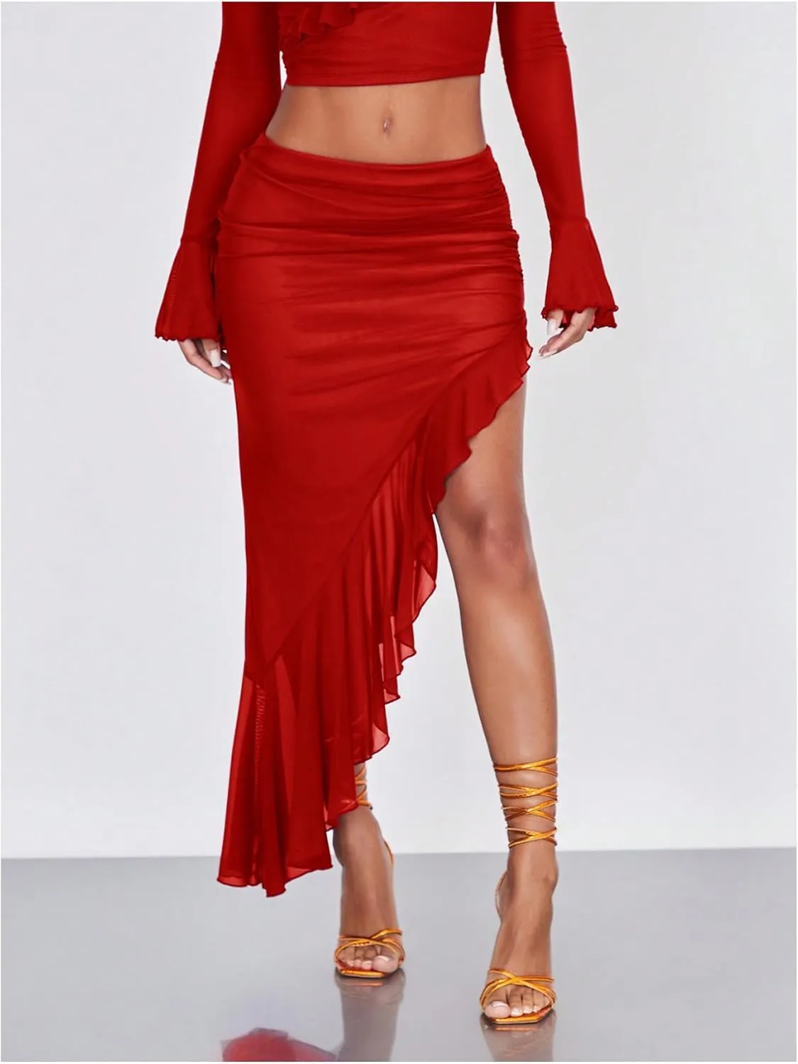 Verdusa Women's Asymmetrical High Slit Mesh Long Skirts Ruffle Hem Ruched Flowy Bodycon Skirt