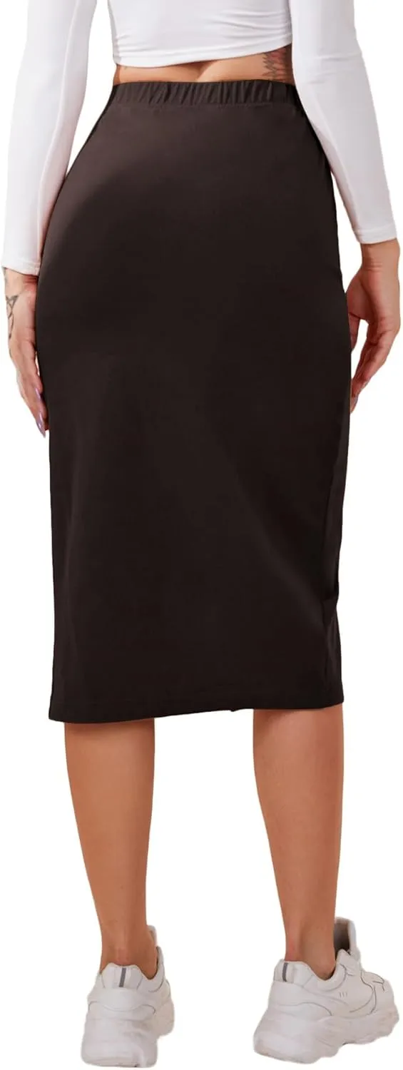 Verdusa Women's Elastic Waist Split Thigh Pencil Bodycon Midi Skirt