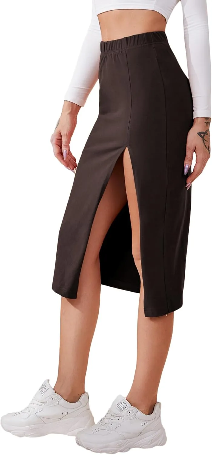 Verdusa Women's Elastic Waist Split Thigh Pencil Bodycon Midi Skirt